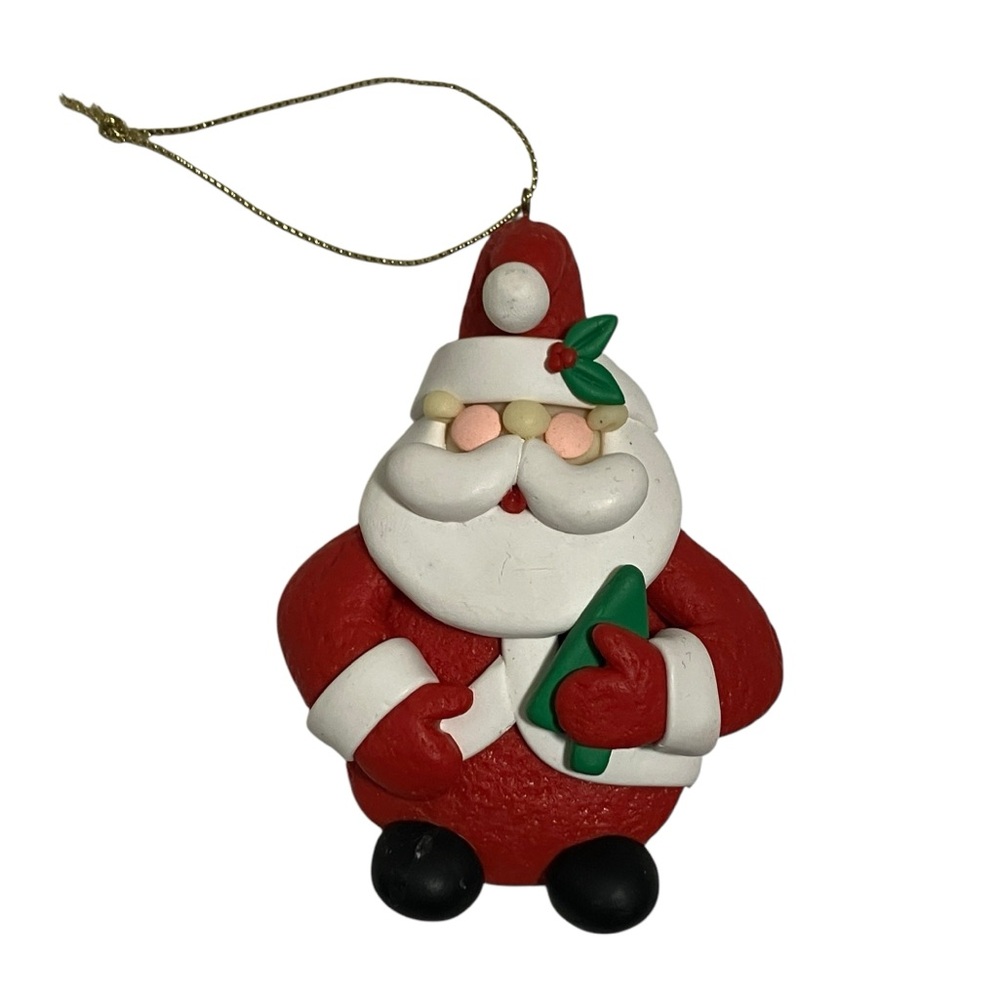 Vintage Santa Claus Holding Tree Clay Christmas Ornament